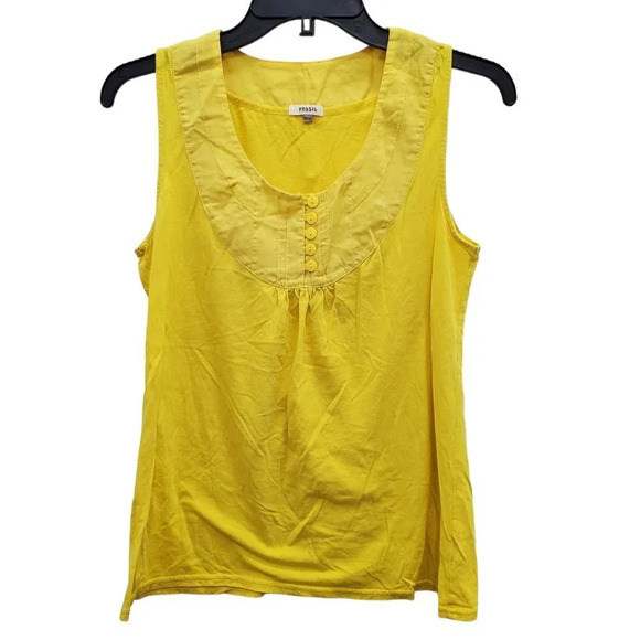 Fossil Women's Bright Yellow Henley Neck Modal Blend Spring Sleeveless Top Sz S - Picture 1 of 5